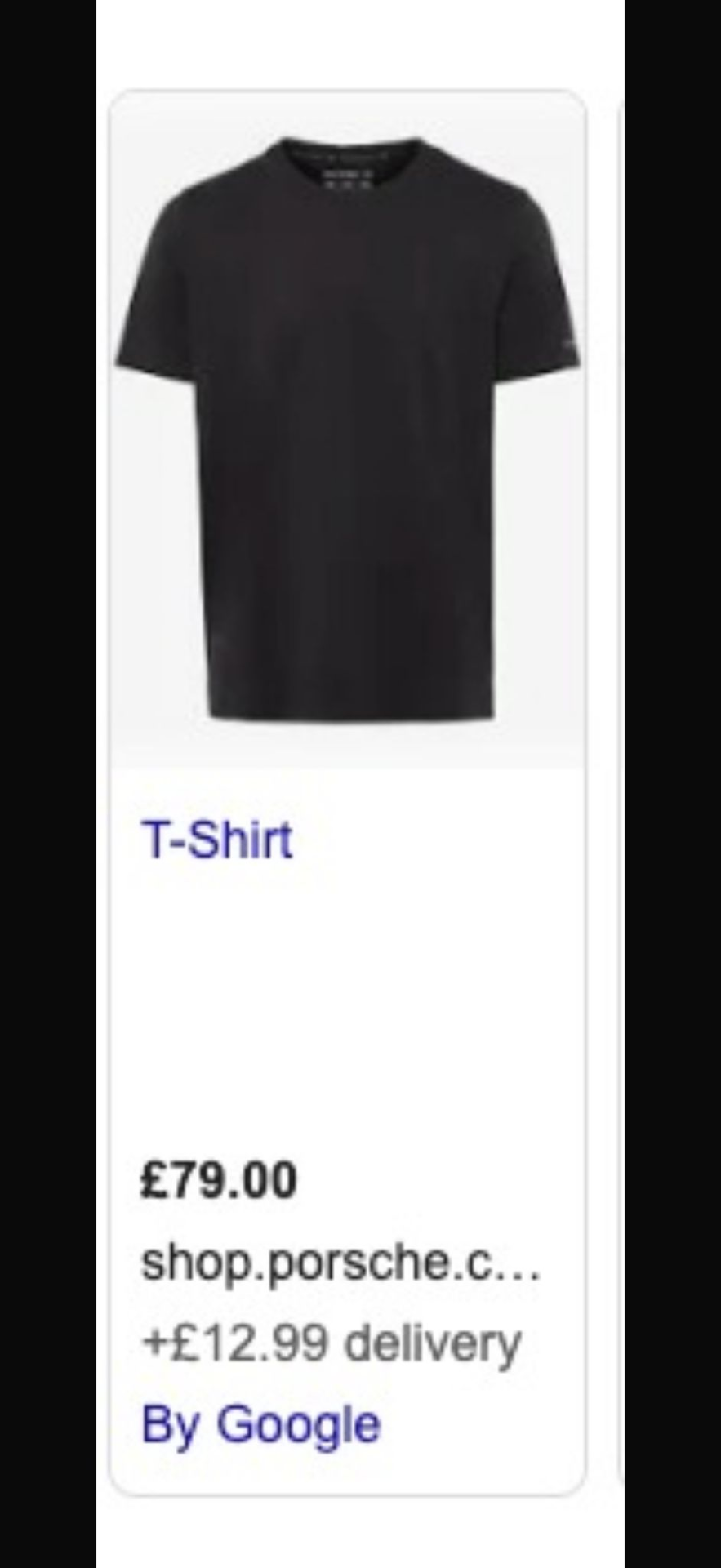 Porsche Google Shopping listing showing a £79 T-shirt with just 'T-Shirt' as the product title